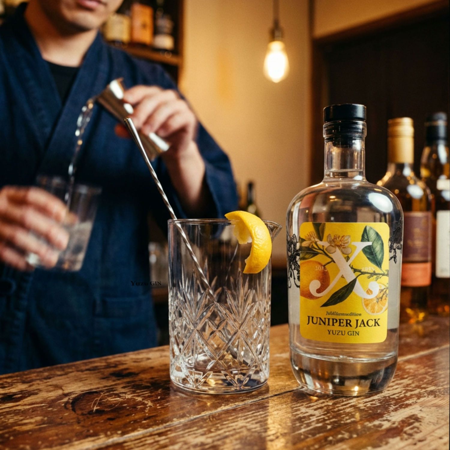 Barkeeper rührt einen Yuzu Gimlet mit JUNIPER JACK Yuzu Gin