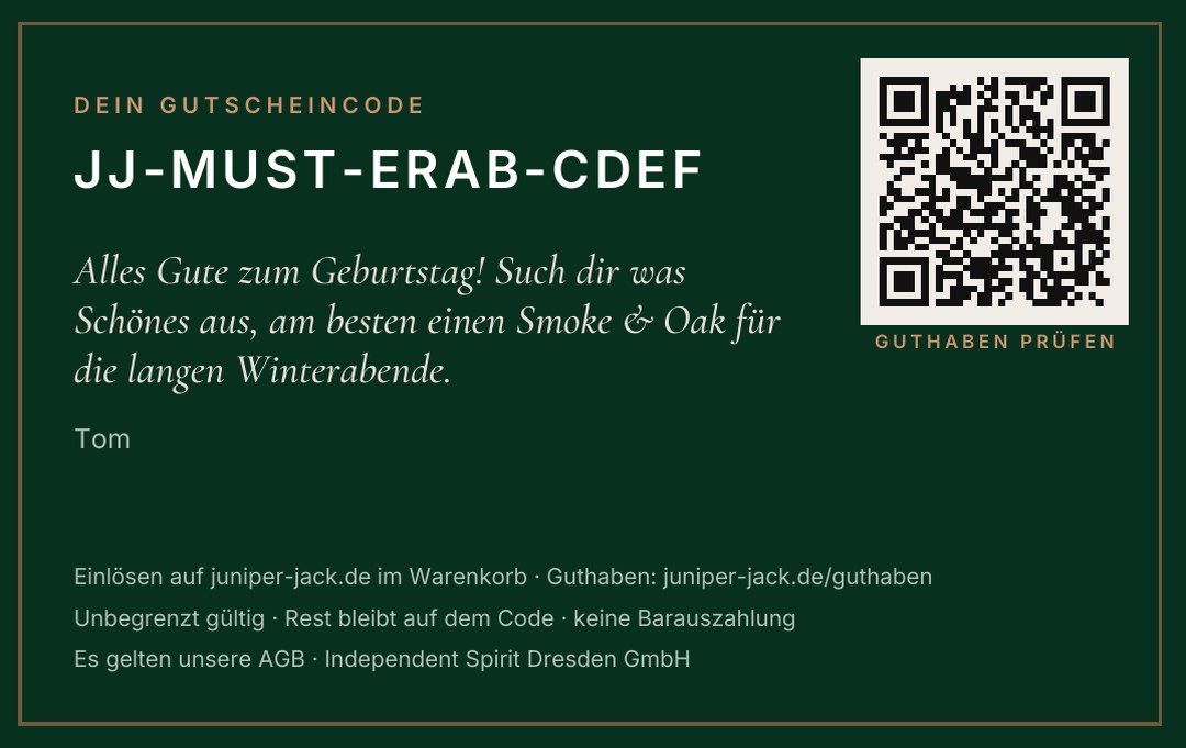 Gutscheinkarte hinten: Gutscheincode, persönlicher Gruß und QR-Code zum Guthaben