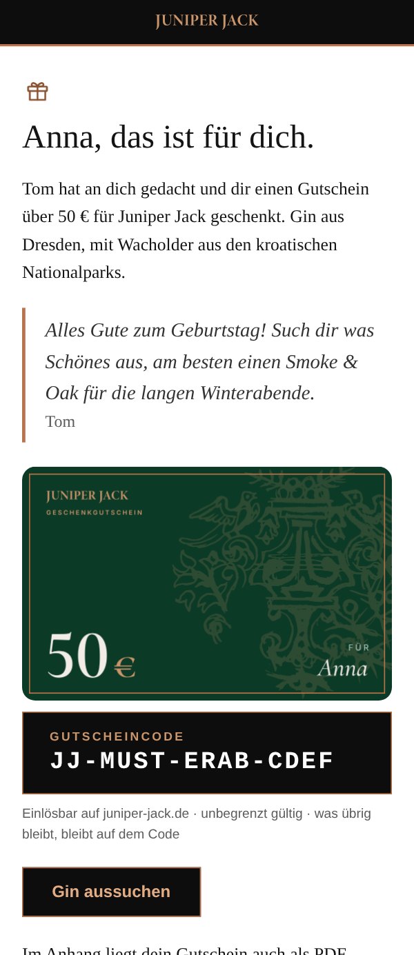 Die Gutschein-E-Mail auf dem Handy: Anna, das ist für dich, mit Gruß von Tom, Karte und Gutscheincode
