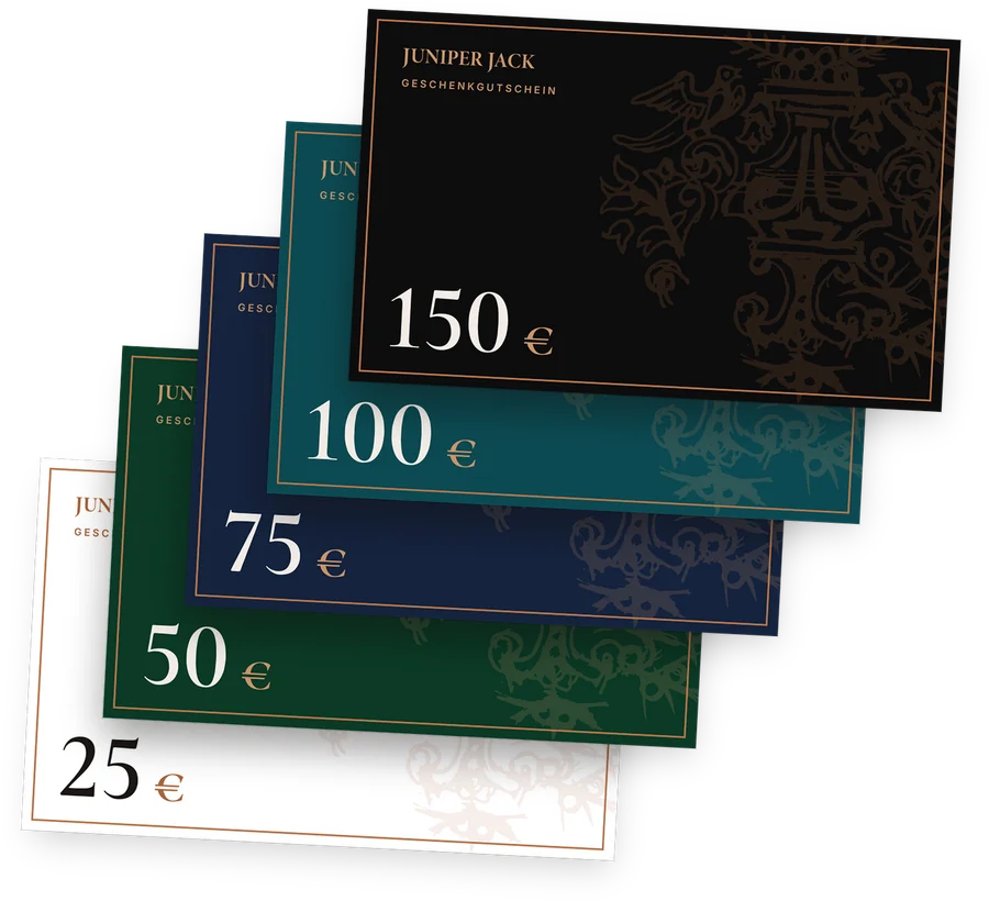 Juniper Jack Geschenkgutscheine: fünf Karten von 25 bis 150 € in Weiß, Grün, Navy, Petrol und Schwarz mit Kupfer