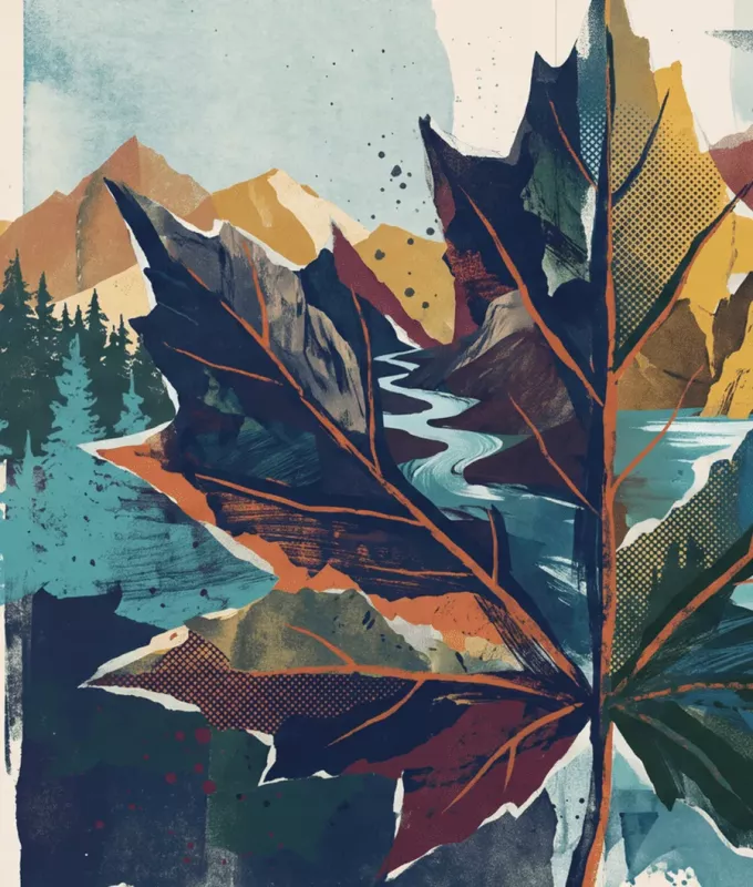 Illustration Distiller's Cut No. 4 Maple Harbour: Ahornblatt und kanadische Landschaft