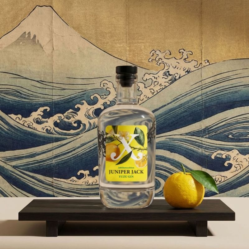 Yuzu Gin vor japanischer Wellenmalerei, daneben eine Yuzu-Frucht