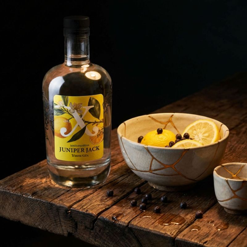 Yuzu Gin neben Schale mit Yuzu und Wacholderbeeren
